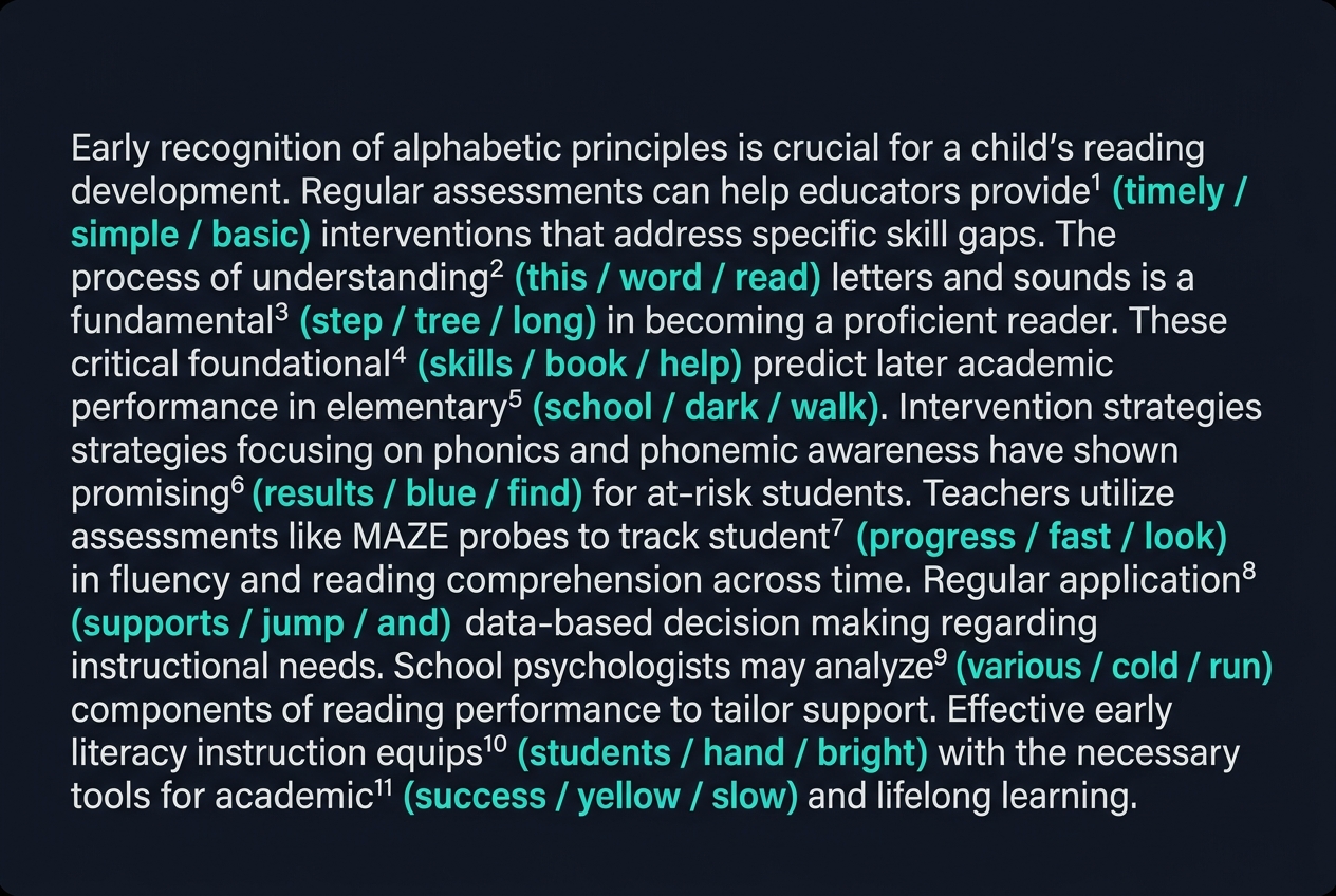 MAZE passage probe with multiple-choice word replacements highlighted in teal.
