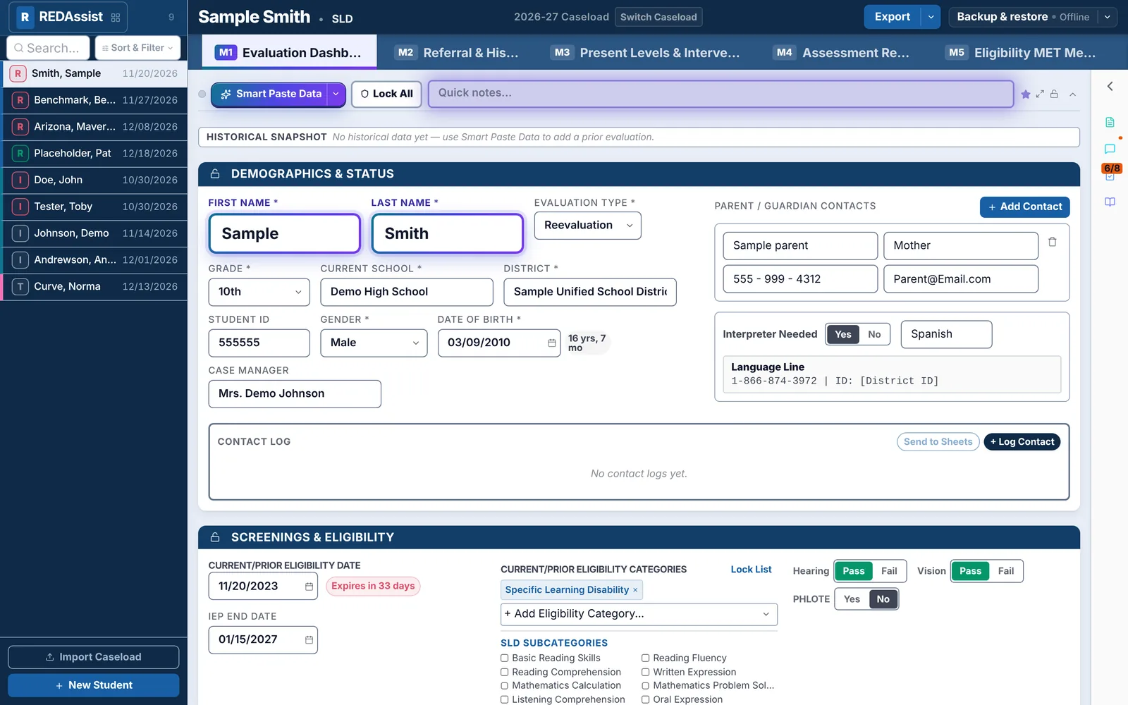 Module 1, the Evaluation Dashboard, showing demographics, parent and guardian contacts, interpreter needs, the contact log, and screening and eligibility fields for a fictional student.