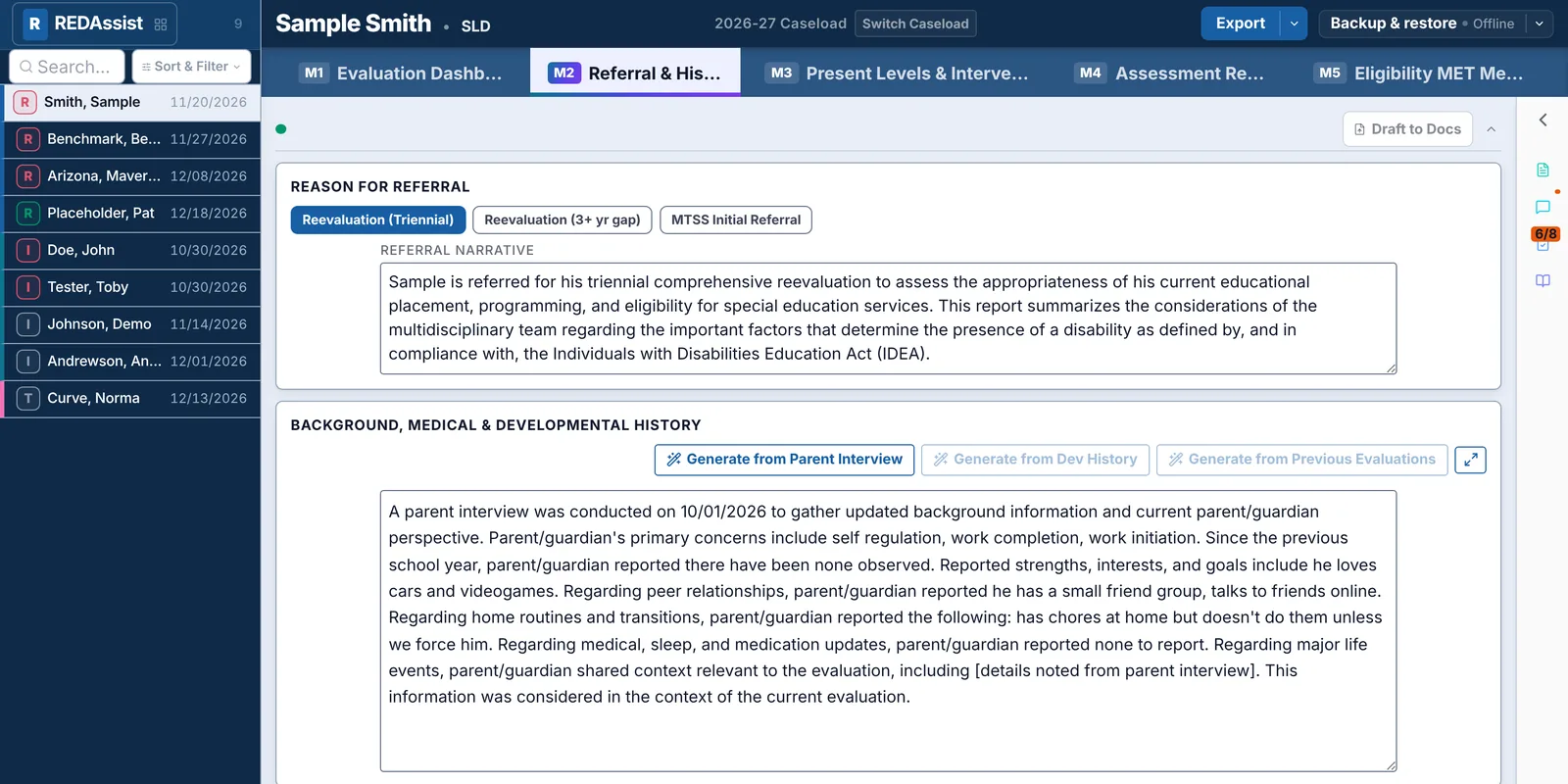 Module 2, Referral and History, with reason-for-referral options, a drafted referral narrative, and a background history drafted from a parent interview.
