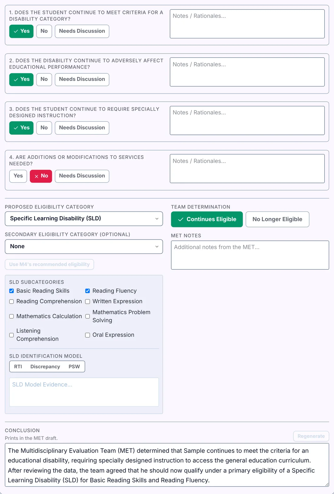 Module 5 eligibility stage showing four eligibility questions answered Yes or No, the proposed category, the team determination, SLD areas and identification model, and a drafted conclusion paragraph.